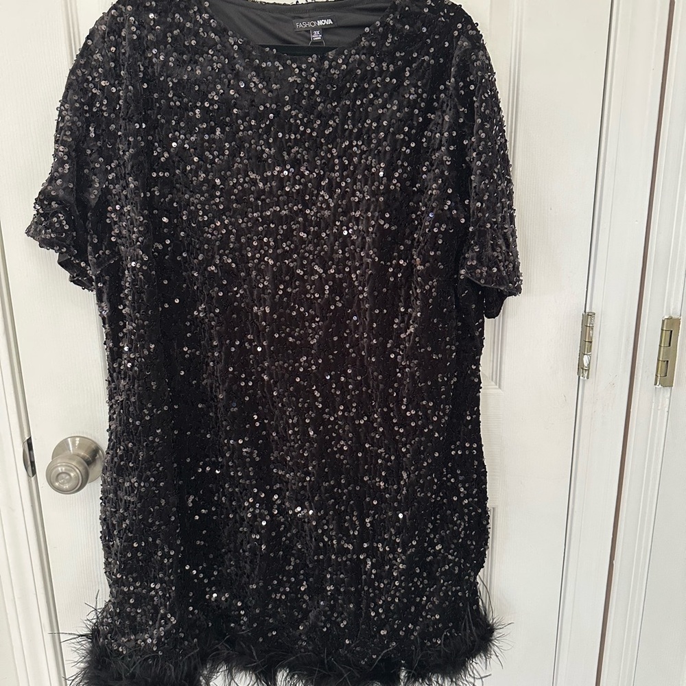 Black Sequin Mini Dress with Feather Trim